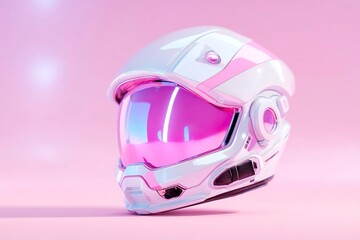 Fototapeta premium Modern 3D Render of a Sleek Pink and White Reflective Space Suit Helmet Ideal for Themes of Interstellar Travel Innovation and HighTech Design