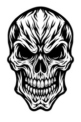 Striking Black and White Stylized Skull Illustration with Intricate Tribal Flame-like Patterns, Menacing Hollow Eyes, and Jagged Grin Teeth, Perfect for Dark Art, Tattoo Designs, and Edgy Graphic Appa