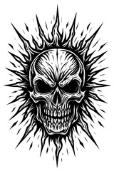 Obraz premium Intense black and white skull illustration with sharp, fiery spikes radiating outwards, perfect for heavy metal album art, tattoo designs, and edgy graphic novel aesthetics. A symbol of power, rebelli