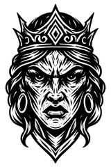 Monochromatic linocut of a fierce crowned monarch with an intense, powerful gaze, exuding ancient regal authority. A striking black and white warrior queen illustration, perfect for dark fantasy and m