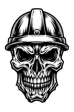 Intensely detailed vector graphic of a menacing skull wearing a classic hard hat, rendered in stark black and white with dramatic shading and sharp outlines. An iconic, grunge-inspired design ideal fo