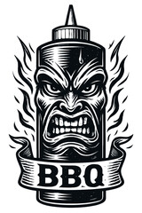 Fierce BBQ Sauce Bottle Emblem: Bold B&W woodcut art of an angry, monstrous face on a squeeze bottle, flanked by flames & a 'BBQ' banner. Graphic evokes extreme heat, fierce flavor, & raw grilling pas