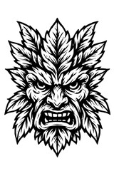 Obraz premium Intricate black and white woodcut-style illustration of an enraged mythical Green Man, a fierce forest spirit with a face formed entirely from intertwining leaves, showcasing raw natural power, primal