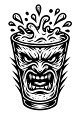 Ferocious monster face etched onto a splashing drink glass, an intense and aggressive black and white vector illustration ideal for edgy apparel, bar decor, or hardcore brand mascots, showcasing a bea