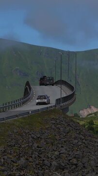 Cars driving on spectacular bergsbotn viewpoint in norway