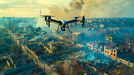 Fototapeta premium reconnaissance drone flies over the streets of a destroyed city, the ruins of houses and burning buildings.