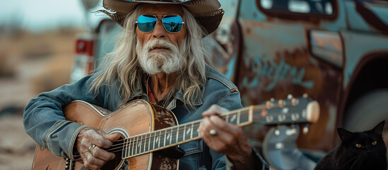 old brutal rocker in a hat plays the guitar. The musician sits by a vintage car with his dog.