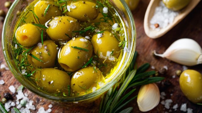 Delicious marinated olives with herbs and garlic served in a glass jar - Powered by Adobe