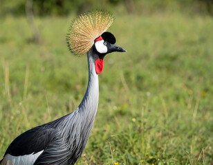 Grey crowned crane in tall grass