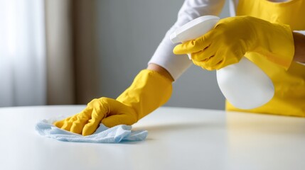 Person wearing yellow gloves cleaning a table with a spray bottle and cloth in a bright indoor space in the afternoon