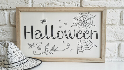 Halloween sign in wooden frame with spider web and witch hat decoration on white brick background