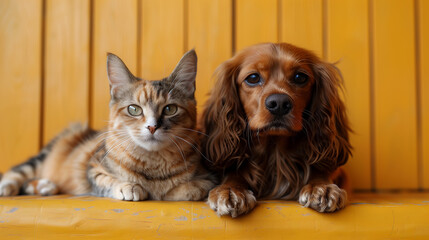 dog and cat, pets. friends on the yellow couch.