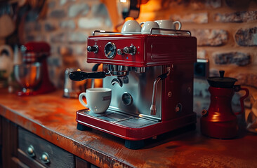 Vintage coffee machine in the kitchen with cups of ready coffee. Cozy home atmosphere.