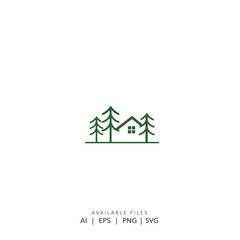 Minimalist log cabin real estate logo, Geometric house and pine tree vector icon, Simple green cottage in the forest logo