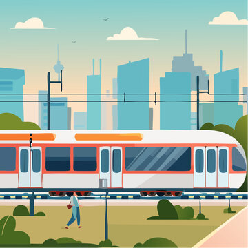 Train, tram, m&eacute;tro, traversant la ville, color&eacute;, transports urbain, transport en commun, 