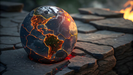 A cracked miniature globe, no larger than a human hand, rests on a dark stone surface, its surface fractured by a deep, glowing fissure that pulses with molten light