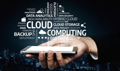 A hand holding a smartphone displays modern cloud computing concepts, showcasing data analytics, backup solutions, and security insights against a vibrant urban night backdrop. Tessel