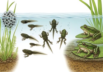 Frog life cycle tadpoles evolving into frogs in watery habitat