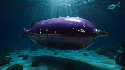 Fototapeta premium Eggplant Submarine – A giant eggplant turned into a submarine, diving underwater with glowing windows and fish around it 3
