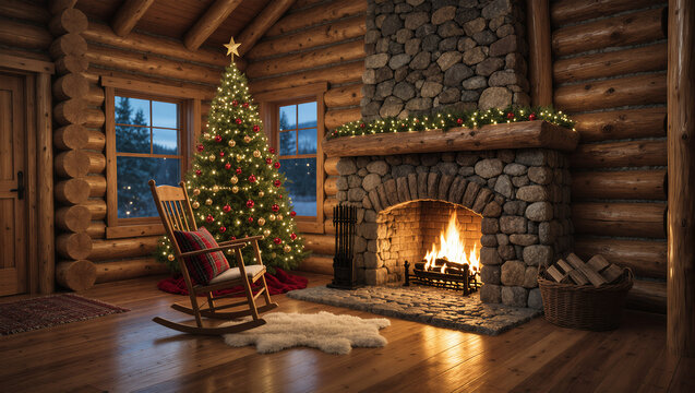 Cozy log cabin living room with a decorated Christmas tree beside a stone fireplace, glowing with warm firelight and festive holiday decorations.