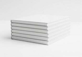Stack of clean, blank white books with plain covers, neatly arranged and isolated on a bright white background, perfect for design mockups