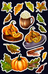 Hand drawn Seasonal fall llustration. Autumn sticker set with pumpkins, autumn leaves, a coffee cup, and pumpkin latte. Perfect for scrapbooking, planners, greeting cards, social media, and more.