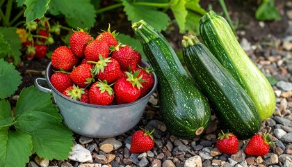 Freshly picked strawberries and zucchini