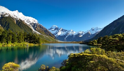a serene lake in the mountains of new zealand surrounded by lush greenery and tall snow capped peaks under a clear blue sky