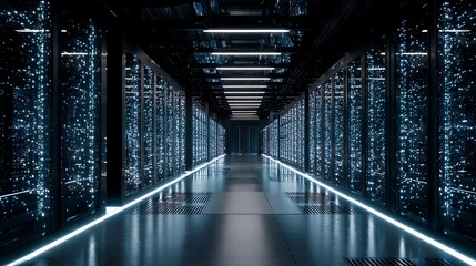 Fototapeta premium Large tunnel of huge data center with amazing lightning background 