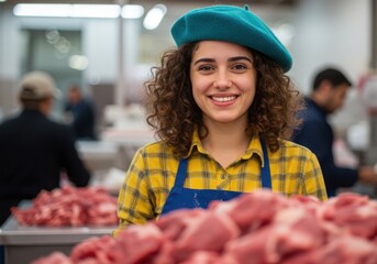 A smiling young woman with curly hair wearing a blue apron and yellow plaid shirt, standing in a butcher shop with raw meat