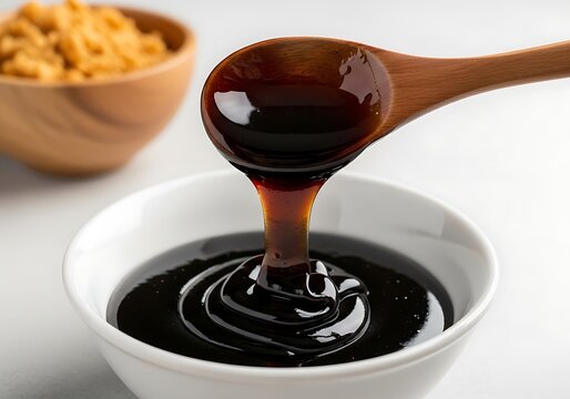 Rich molasses dripping from a wooden spoon into a bowl