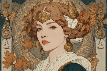 Libra zodiac woman with autumn leaves crown and golden jewelry in elegant Art Nouveau portrait