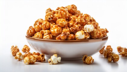 caramel popcorn in a bowl isolated on white background