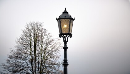 black street lamp with white background illuminates the night cast iron streetlight with elegant design