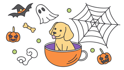 Charming SVG of a Amused Golden Retriever featuring in a teacup, styled in a Halloween theme with Spooky Fun hues