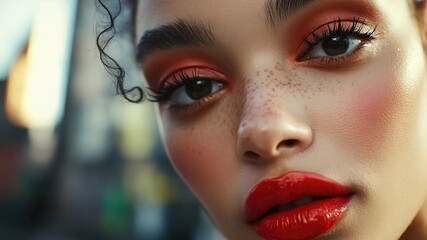 Close-up portrait of a woman wearing bold red lipstick