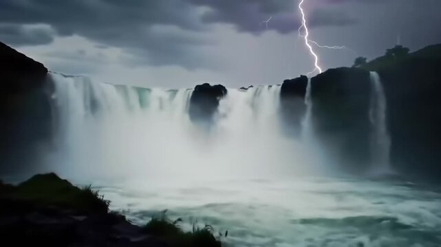 Powerful waterfall cascading with lightning strike under a dramatic cloudy sky