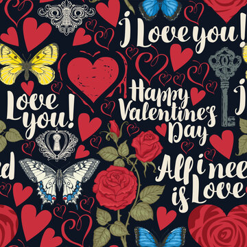 Fototapeta Hand drawn seamless pattern with hearts, butterflies, roses, keys, keyholes and inscriptions of love and Valentine's Day. Greeting card, invitation, wrapping paper, packaging, candy. No AI used