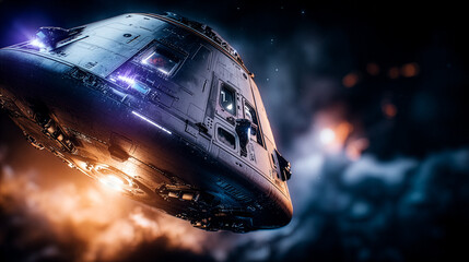Futuristic spacecraft flying through a colorful nebula in deep space