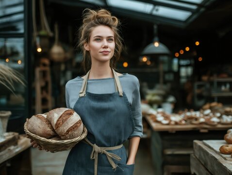 Woman baker holding rustic bread in her shop