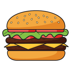 Delicious Double Cheeseburger with Fresh Vegetables and a Sesame Seed Bun Illustration