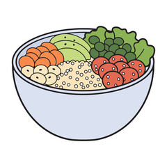 Colorful illustration of a nutritious and delicious buddha bowl with fresh vegetables, avocado, and grains. A concept of healthy eating and balanced diet