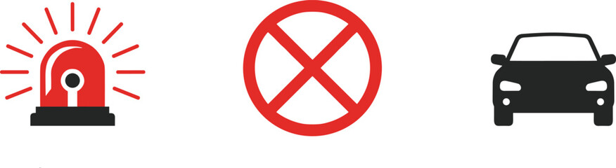 Emergency icon set, prohibition symbol, car restriction, traffic alert, red siren, vehicle ban, warning, regulation, safety, urgency, transport, black illustration, isolated, signage, control