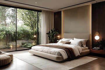 Modern Bedroom Interior with Garden View, Large Window, Brown Bedspread, Light Rug, and Plants