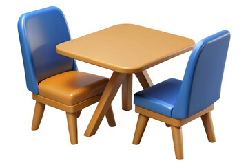Fototapeta premium Modern wooden table with two blue and one tan chair set isolated on transparent background