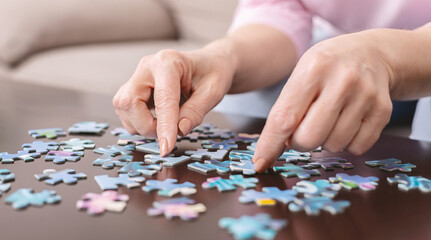 Quarantine entertainment. Senior woman playing jigsaw puzzle at home, close up
