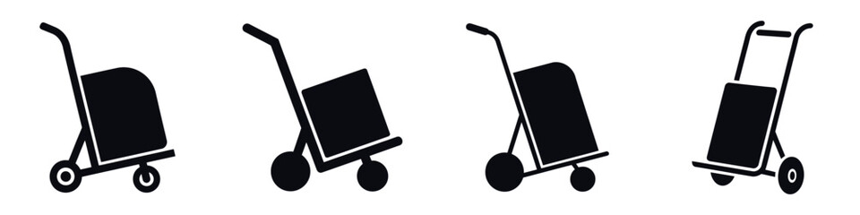 Hand Truck Vector Icons Set – Sack Truck, Dolly Cart, Trolley for Moving Boxes, Warehouse Equipment, Delivery and Shipping Tools, Logistics and Cargo Transport Illustration in Silhouette Style