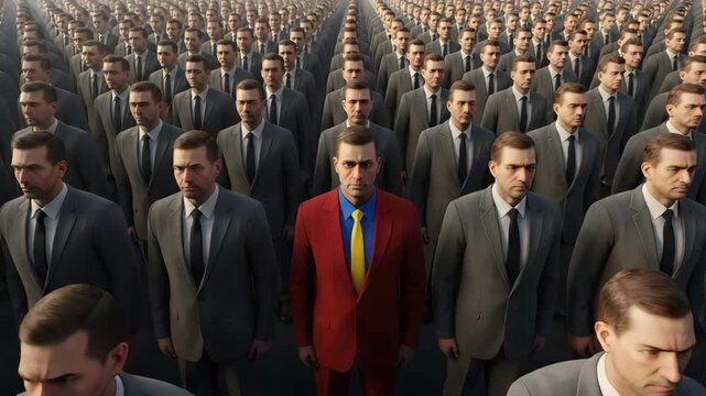 One man in a red suit standing out in a crowd of identical men in gray suits, symbol of individuality and uniqueness.