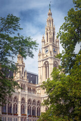 Neo-gothic Vienna City Hall with toer seen from City hall park (Rathauspark) on the Ringstrasse, Vienna, Austria