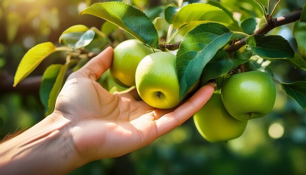 open hand cradles leaves beneath green apples on a garden tree symbolizing care and nurture during the early summer growing season - Powered by Adobe